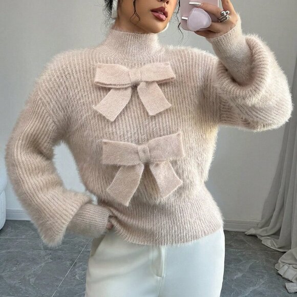 Apricot Casual Women's Stand Collar Bow Decor Sweater - Picture 6 of 7